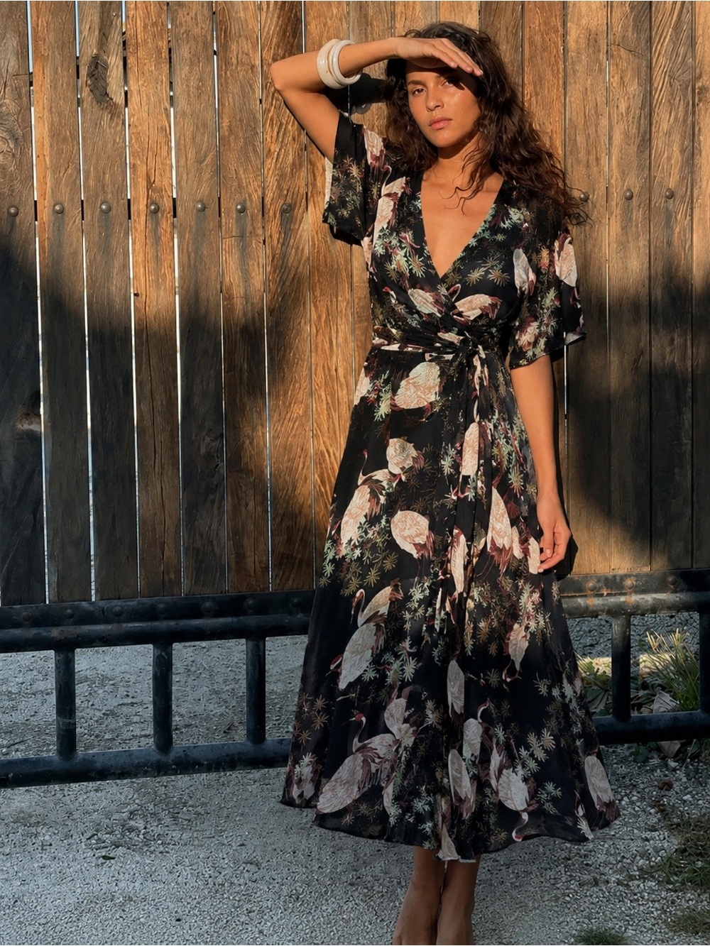 Zara Crane Print Kimono Wrap Dress Midi Black
Botanical Bird Belted M